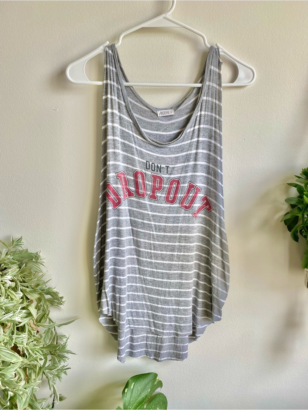 Ardene Grey & White Striped Tank with Red 'DON'T DROPOUT' Graphic